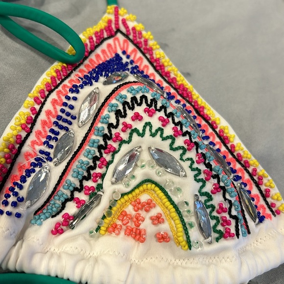Colorful Beaded White Triangle Style Bikini Top-Sz M - Picture 2 of 10